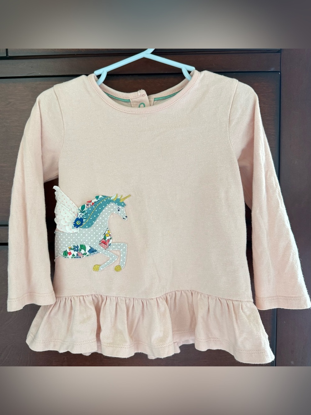 Baby Boden Light Pink Unicorn Peplum Long Sleeve Top